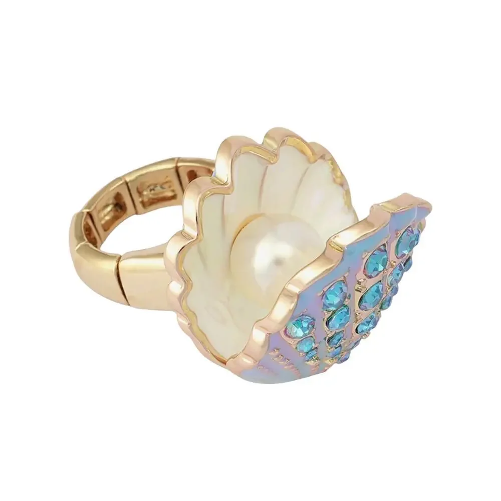 Betsey Johnson Clam Shell Stretch Cocktail Ring Gold Tone Blue Crystal Pearl
